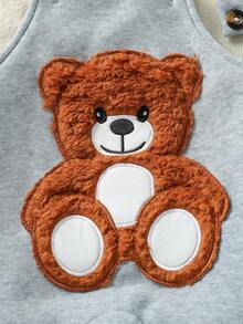 SHEIN Playful Pals 男婴3D毛绒耳朵条纹连帽衫和熊刺绣背带裤两件套，可爱套装，带大熊徽章，婴幼儿秋冬服装，男女通用，适合新生儿至2岁 - 彩色 - 查看 5