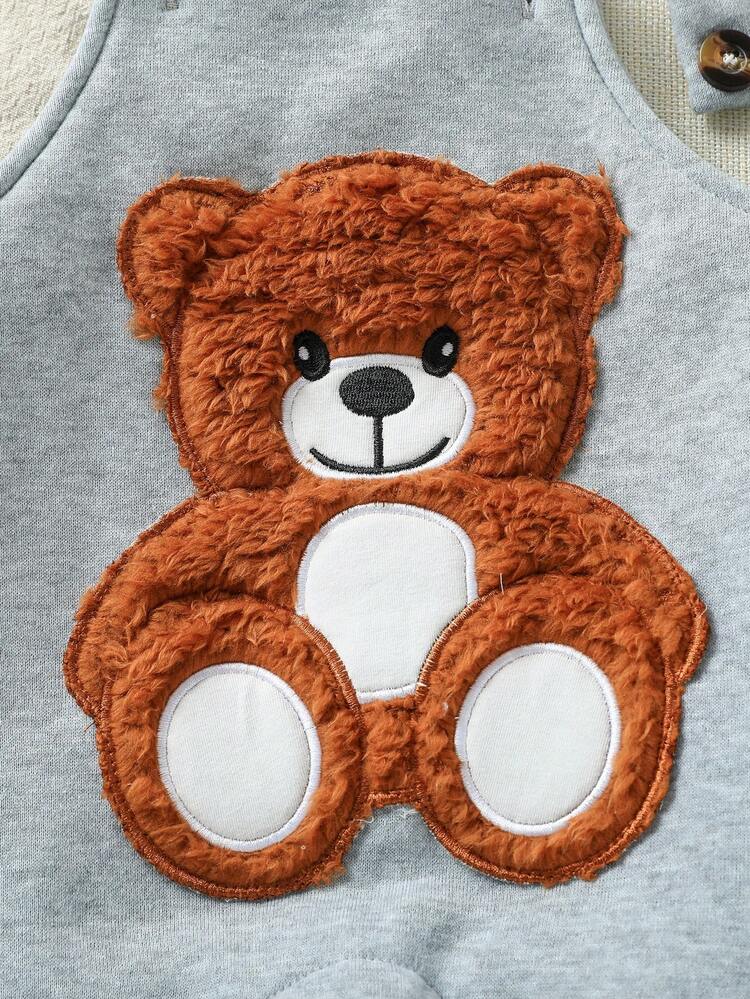 SHEIN Playful Pals Baby Boy 3D Plush Ear Striped Hoodie Top And Bear Embroidery Overalls 2pcs Outfit Set, Cute Outfit With Big Bear Badge, Infant/Toddler Autumn/Winter Clothing, Unisex Newborn To 2 Years Old - Multicolor - View 5