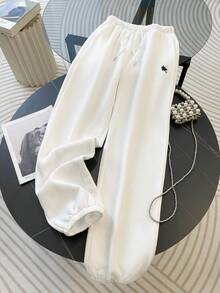 Resyla 女士休闲日常通勤运动简约刺绣半拉链抓绒连帽衫和运动裤套装，秋冬款 - 白色 - 查看 8