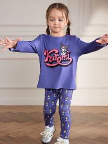 HELLO KITTY AND FRIENDS | SHEIN 少女休闲可爱卡通字母图案长袖T恤裤子套装，适合春秋季日常通勤 - 紫色 - 查看 4
