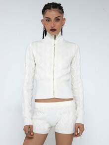 COUREZ Y2K秋冬白色拉链高领针织开衫，适合外出、圣诞节和新年穿着。 - 白色 - 查看 2