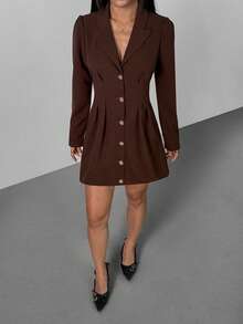SHEIN PETITE 优雅长袖西装裙，棕色收腰女士迷你连衣裙，春夏款 - 棕色 - 查看 9