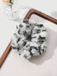 ROMWE Kawaii 2pcs Retro Chic Fashionable High-Quality Black & White Leopard Print Fluffy Scrunchies Set, Versatile Combo Suitable For Women, Daily Wear Or Gift