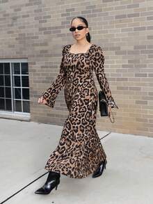 Melissa Matos Women's Fashion Leopard Print Flare Sleeve Dress For Autumn Elegant Women Dresses Long Evening Dresses