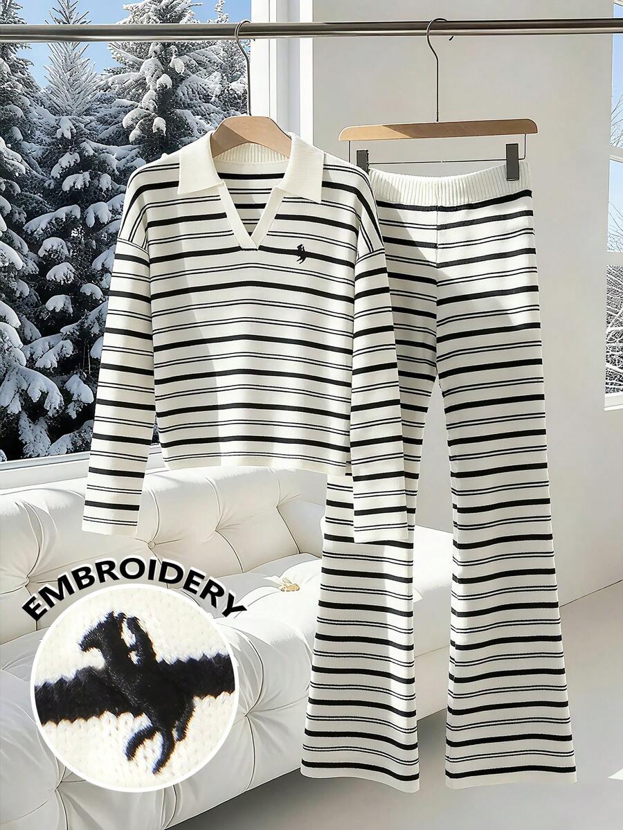 GlowEve 女士休闲撞色条纹毛衣和阔腿裤两件套，秋冬 - 黑與白 - 查看 1