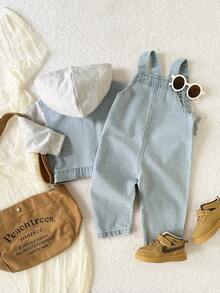 Playful Pals Baby Boys' Denim Jacket And Adjustable Strap Jeans Set, Casual Lightweight Washed Denim Outfit With Hoodie, Pockets, Button Decoration, Soft Cotton Fabric, Suitable For Everyday, Party, School, Autumn/Winter - Light Wash - View 2