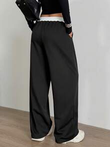 Aidyla Farbblock & Leoparden Muster Patchwork Lässig Sport Jogginghose - Schwarz - Übersicht 2