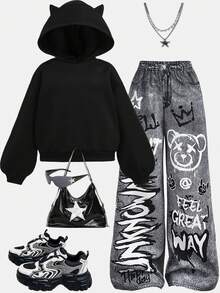 Girlism 青少年女孩秋冬黑色针织羊毛连帽衫，带 3D 耳朵设计和涂鸦印花阔腿牛仔裤两件套