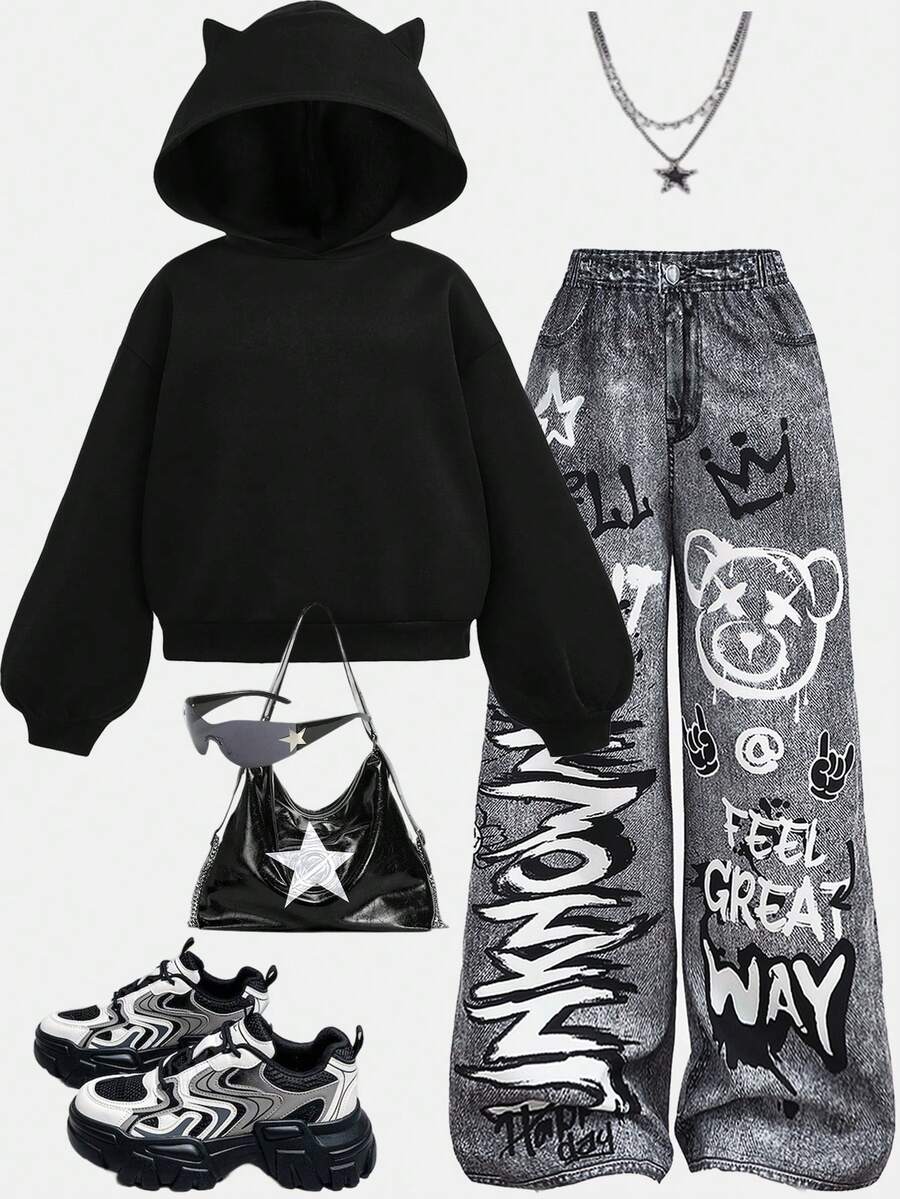 Girlism 青少年女孩秋冬黑色针织羊毛连帽衫，带 3D 耳朵设计和涂鸦印花阔腿牛仔裤两件套
