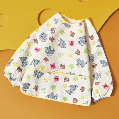 TOM & JERRY X SHEIN Yếm ăn cho bé, Tạp dề cho ăn chống thấm nước và chống bẩn, tay dài, thích hợp cho việc ăn uống, vẽ tranh, hoạt động ngoài trời