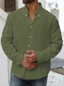 Manfinity Homme Camisa casual de diseño minimalista con botones delanteros, manga larga y hombros rectos, para hombres de talla grande dunicolordo - Verde militar - Ver 7