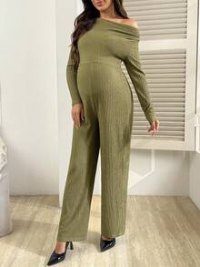 SHEIN 孕妇连体裤，长袖，斜肩设计，修身上身，宽松下摆 - 軍綠色 - 查看 3