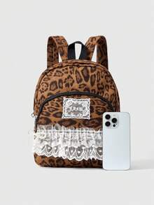 ROMWE Grunge Punk Fashionable Lace Spliced Leopard Print Suede Personalized Backpack - Brown - View 5