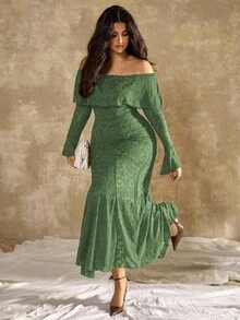 Roveilla 大码女式法式休闲牡丹花卉露肩鱼尾连衣裙 - 綠色 - 查看 4