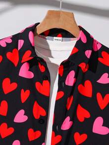 SHEIN Tween Boy Casual Loose Heart Pattern Polo Collar Short Sleeve Shirt, Suitable For Commuting, School, Daily Casual Wear, Sports, Spring/Summer - Black - View 9
