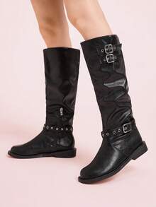 CUCCOO DOLLMOD Botas de media caña para mujer con puntera redonda y hebilla de metal, color negro clásico - Negro - Ver 3