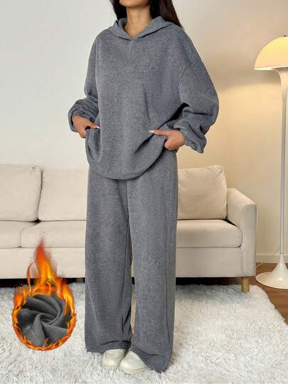 SHEIN PETITE 2pcs/Set Oversized Thermal Lined Raglan Hoodie & Wide Leg Sweatpants, Grey Two Piece Set Women Comfy 2 Piece Lounge Sets Woman Grey 2 Piece Set Lounge Wear Comfortable Two Piece Set