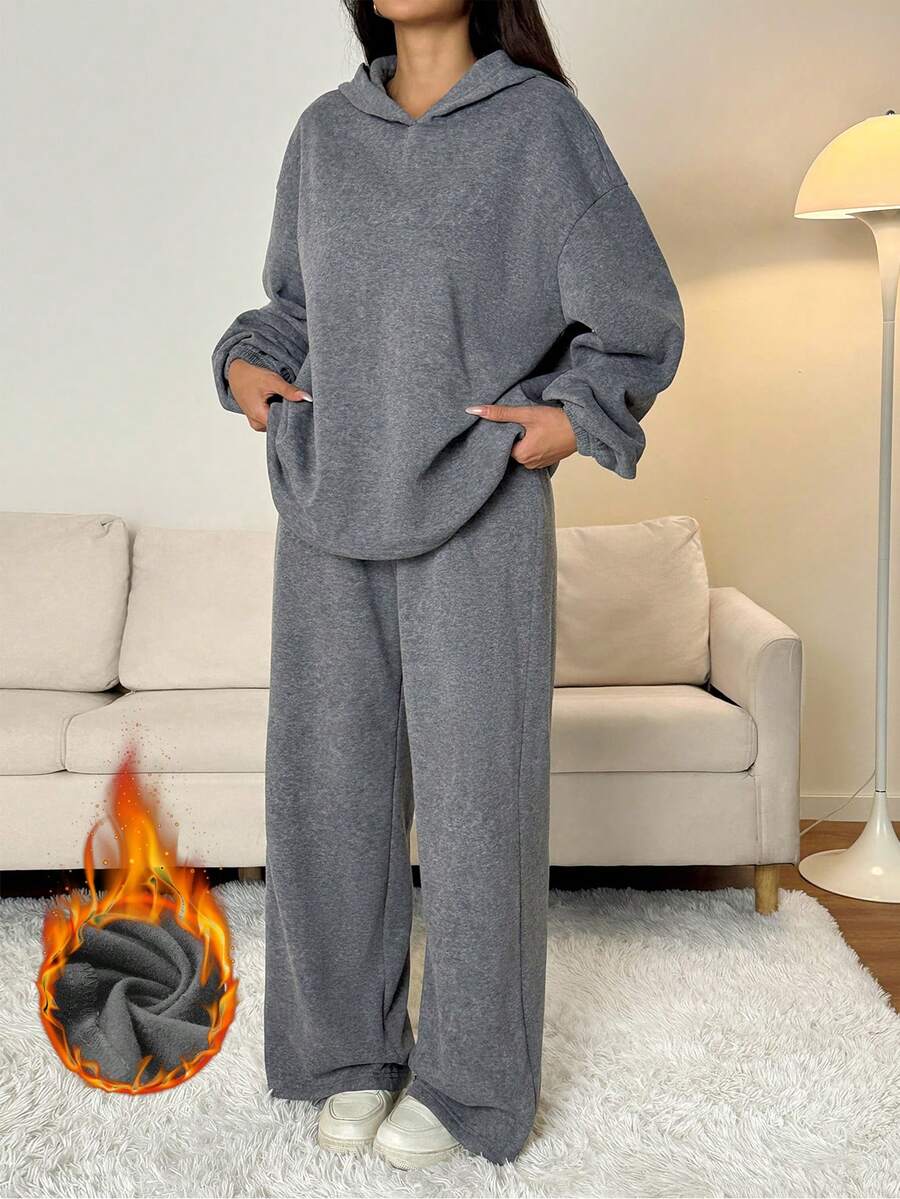 SHEIN PETITE Bộ 2 chiếc/Bộ Áo hoodie Raglan lót nhiệt cỡ lớn & Quần nỉ ống rộng, Bộ đồ hai mảnh màu xám thoải mái cho nữ Bộ đồ mặc ở nhà 2 món màu xám cho nữ Bộ đồ hai mảnh thoải mái cho nữ - Màu xám đen - Xem 1