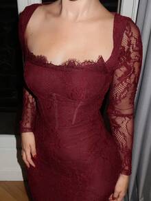 Turnttoni Women's Autumn/Winter New Party/Date Night/Evening Sexy S-Shape Lace Long Sleeve Bustier Corset Style Crew Neck Bodycon Maxi Dress, Black