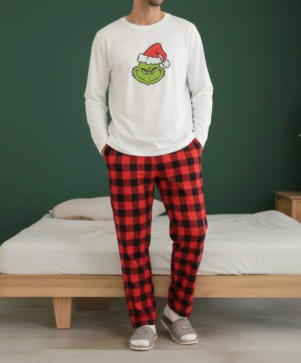 Conjunto para caballero pijama pantalón y playera manga larga oversize estampado duende gruñón unitalla 36/40