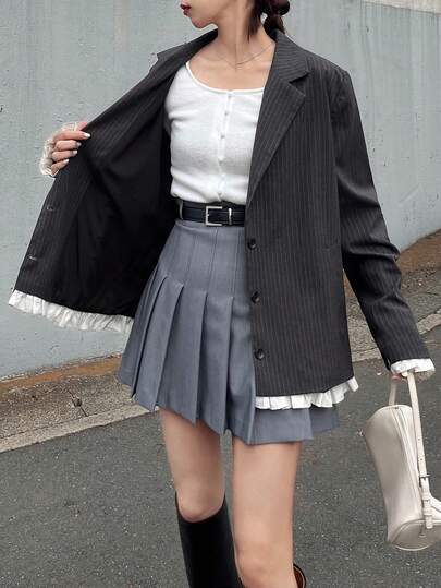 FRIFUL レディース ストライプ柄 ラペル 長袖 パッチワーク ラッフルヘム ルーズ カジュアル ブレザージャケット、秋冬