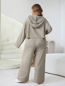 SHEIN CURVE+ Plus Size Women's Khaki Summer Curve Smart Casual Loungewear,Ribbed Knit Hooded Long Sleeve Sweatshirt And Pants 2-Piece Set,Drop Shoulder Outfit - Apricot - View 10