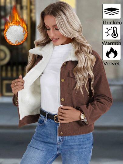 SHEIN LUNE Women's Autumn Fashion Thermal Lined Corduroy Jacket