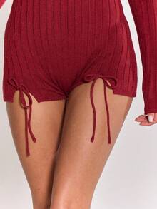 MUSERA Ribbed Knit Bow Detail Fitted Long Sleeve Playsuit Winter Cute Casual Cosy Cherry Lacquer Winter Party Elegant - Red - View 5