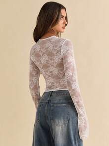 SHEIN BAE 夏季穿搭秋季内搭黑色蕾丝镂空上衣茶歇风宫廷风穿搭适合约会下午茶聚会旅行穿搭长袖上衣女上衣