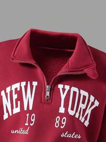 Sparklyn Set casual din 2 piese pentru fete preadolescente, hanorac și pantaloni scurți cu guler înalt și model New York, ținută călduroasă de campus pentru purtare zilnică, primăvară/toamnă/iarnă - roșu - Vizualizare 3