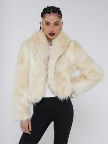 COUREZ 白色/Y2K风格仿皮草大衣，适合夜间外出、冬季派对等场合，优雅百搭。 - 杏色 - 查看 5