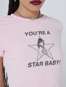 COUREZ Áo thun tay ngắn in khẩu hiệu, kiểu dáng ngắn, thích hợp cho tiệc mùa xuân phong cách Y2K, áo thun nữ thời trang đường phố, áo hồng gợi cảm, áo thun hồng mùa hè. - Hồng - Xem 6