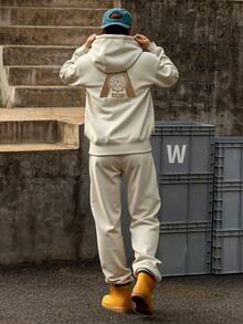 DAZY Autumn/Winter Letter Print Thermal Lined Hoodie Set For Men, Apricot Color - Apricot - View 2