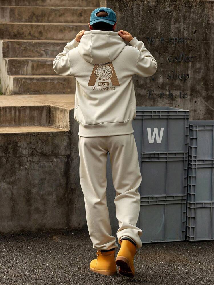 Autumn/Winter Letter Print Thermal Lined Hoodie Set For Men, Apricot Color