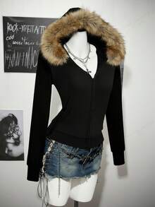 Attitoon Women's Casual Retro Front Zipper Fur Collar Hooded Regular Jacket, Suitable For Autumn/Winter - Black - View 7