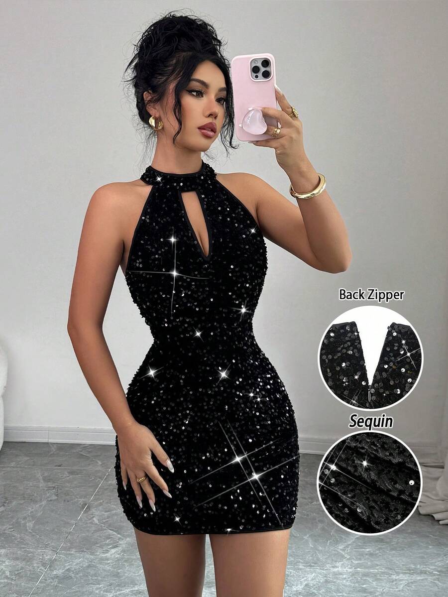 Rafferiza 黑色亮片露背弹力性感无袖后拉链修身女式紧身连衣裙/约会/派对/夜店/街头/万圣节/情人节/生日连衣裙/春夏/秋冬新款短裙 - 黑色 - 查看 1