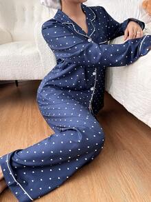 SHEIN Bubble Wrinkle Heart Print Long Sleeve Top & Pants Women PJS Polka Dot PJS , Fall & Winter Clothes - Navy Blue - View 5