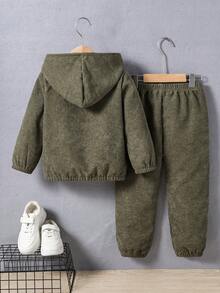 2 Stück/Set Jungen Lässig Outfit, beinhaltet thermisch gefütterte Kapuzenjacke und Hose, geeignet für Herbst und Winter, Alltag, Outdoor und Sport, thermisch gefüttert