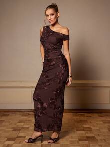 Silquee 优雅派对3D立体花卉不对称修身连衣裙 - 棕色 - 查看 7