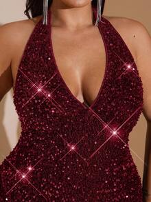 SHEIN BAE Váy xẻ tà cao cổ chữ V cỡ lớn đính sequin - Màu Đỏ Sâu - Xem 5