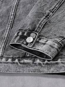 Manfinity Denimwave 男士破洞長袖牛仔夾克，黑色純棉素面派對搖滾說唱風格 - 深灰色 - 查看 5