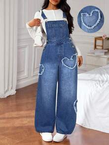 SHEIN Teen Girl Frayed Heart Denim Loose Fit Overalls - Dark Wash - View 1