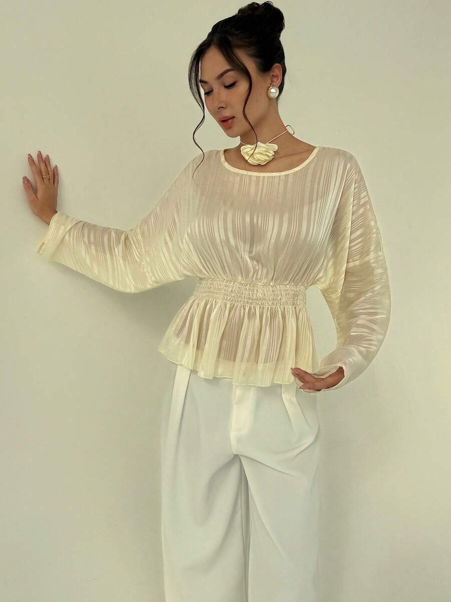 Aloruh Women's Summer Elegant Batwing Sleeve Pullover Top, Round Neck, Loose Fit, Waist-Cinching Design, Stylish And Elegant Shirt, Elegant Beach Top, Sheer Cover-Up - Beige - View 1