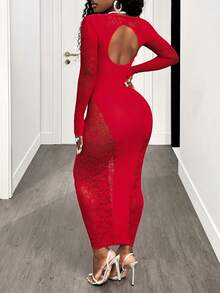 BamGleam Đầm ôm body tay dài khoét sâu gợi cảm phối ren trơn màu dành cho nữ - Màu Đỏ Sâu - Xem 2