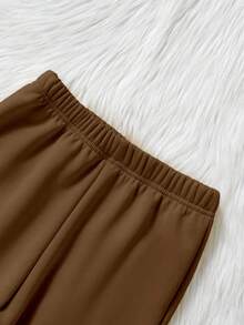SHEIN Tween Boy Solid Color All-Match Casual Fleece Sweatpants - Camel - View 5