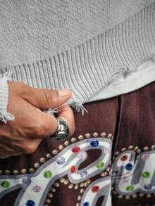 AXEPEAK Vintage Distressed Crew Neck Pullover Sweater For Men - Light Grey - View 7