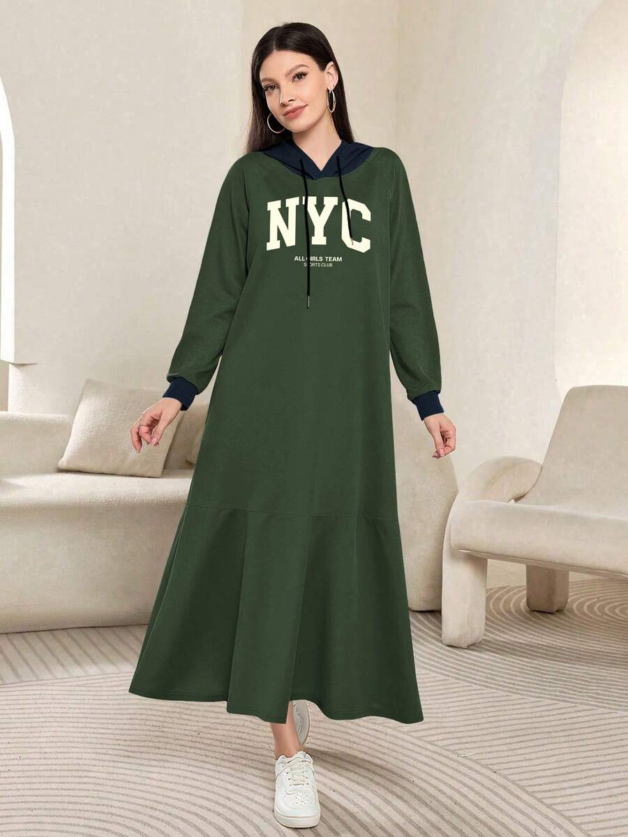 Modelyn NYC Letter Graphic Print Olive Green Fashionable Hooded Raglan Sleeve Long Sleeve Maxi Dress For Women, Spring/Autumn - Multicolor - View 1