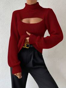 Zolique Women's Solid Color Turtleneck Long Sleeve Hollow Out Fashionable Sweater, Autumn/Winter - Red - View 4