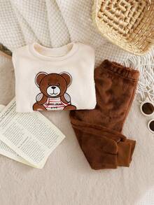 SHEIN 2pcs Baby Boy Autumn/Winter Colorblock Cute Cartoon Bear Plush Fabric Loose Top + Colorblock Loose Pants Sweatsuit Set - Brown - View 6