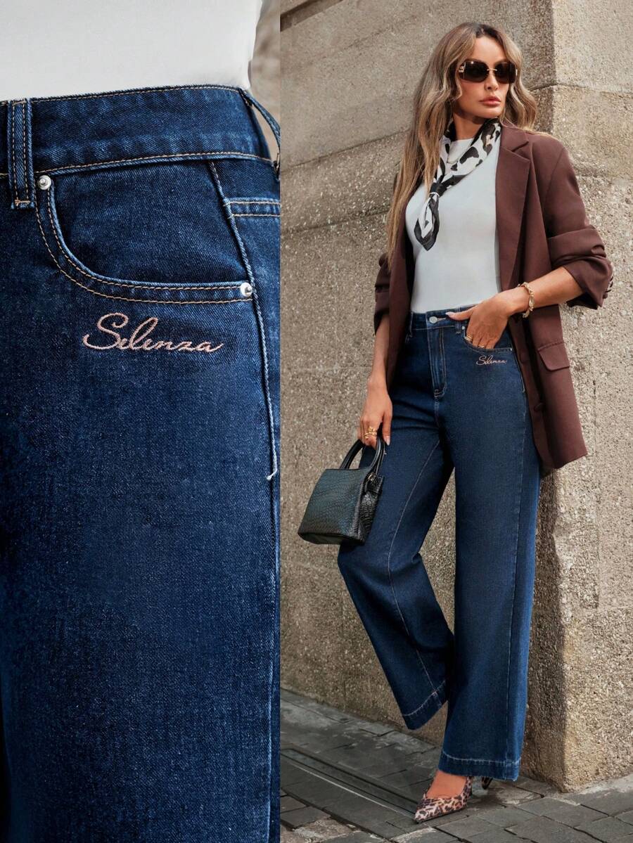 Selenza جينز بقصة واسعة للساق مطرز بحرف للنساء للارتداء اليومي